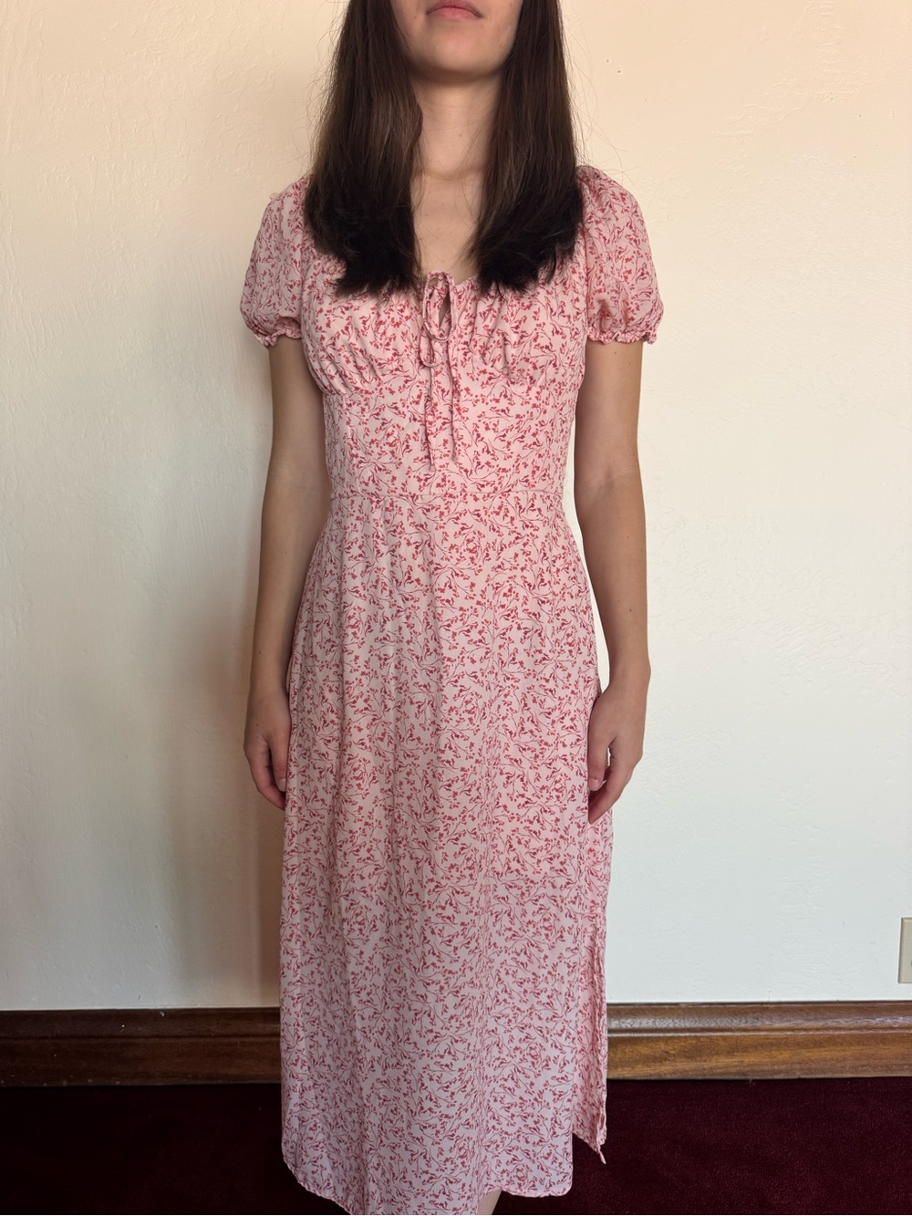 Pink Floral Midi Dress with Tie-Front Bodice